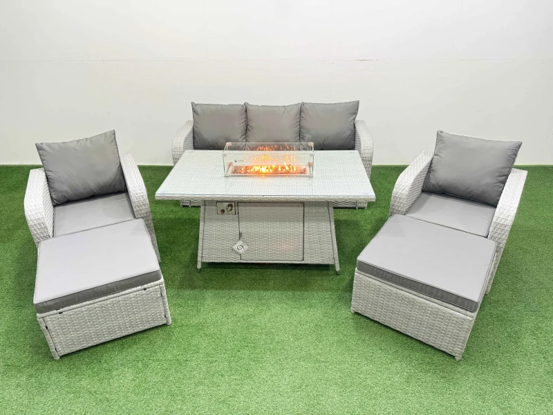 Image of Fimous PE Rattan Garden Furniture Set Reclining Chair Sofa Lounge Sofa Set Firepit Dining Table 2 Big Footstool Light Grey Light Grey