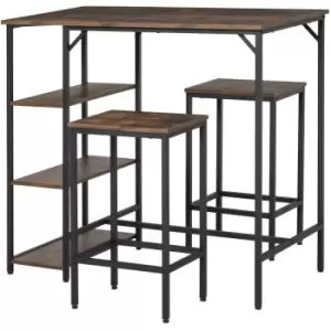 image of Homcom Industrial Bar Height Dining Table Set 3 Pieces With Built In 3 Tier Shelf