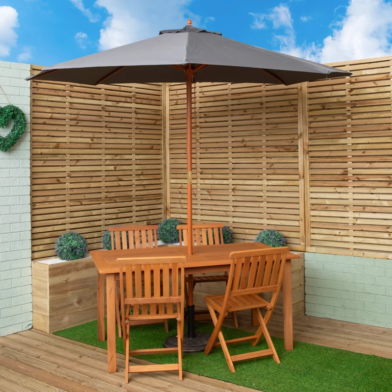Image of Outdoor 4 Person Rectangular Wooden Garden Dining Table Chairs with Grey Parasol and Base Set