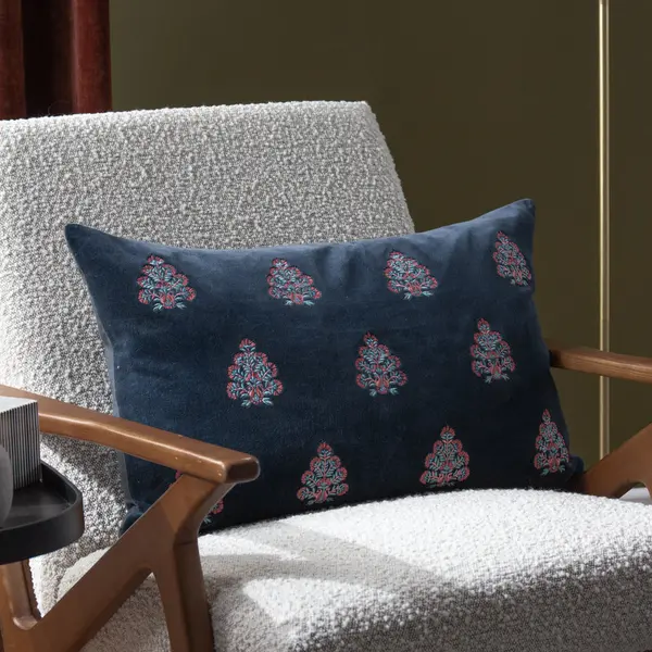 Image of Rennes Embroidered Cushion Navy, Navy / 40 x 60cm / Polyester Filled