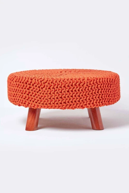 Image of Homescapes Burnt Orange Large Round Cotton Knitted Footstool On Legs