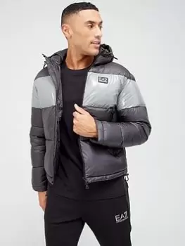Image of EA7 Emporio Armani Mountain Colour Block Hooded Padded Jacket - Black, Size 2XL, Men