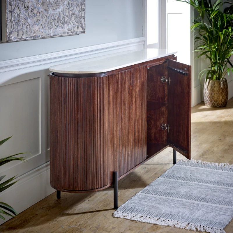 Image of Indian Hub Opal Mango Wood Sideboard With Marble Top & Metal Legs
