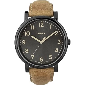 image of Timex T2N677 Mens Oversized Brown Leather Strap Watch with Black Dial