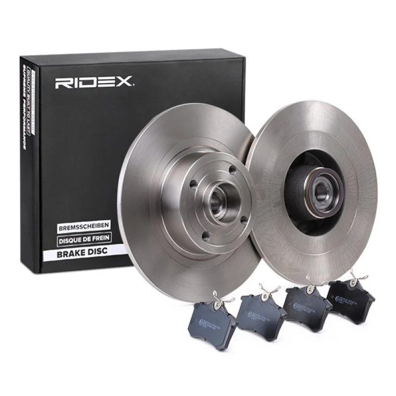 Image of RIDEX 3405B1401 Brake disc and pads set Rear Axle, Brake Disc Type: Solid, without integrated wear sensor Brake Set,disc brakes (3405)