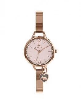 image of Radley Love Lane Blush Crystal Set Charm Dial Rose Gold Stainless Steel Bangle Ladies Watch