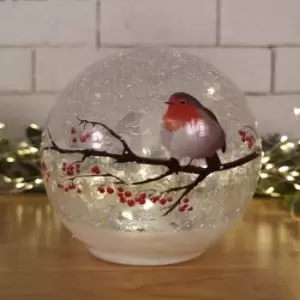 Image of 15cm Battery Operated Warm White LED Crackle Effect Ball Christmas Decoration with Robin