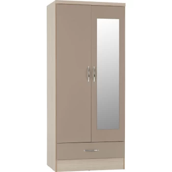 Image of Nevada Mirrored 2 Door 1 Drawer Wardrobe Oyster Gloss & Light Oak - Seconique