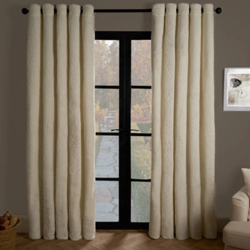 Image of OHS OHS Teddy Fleece Eyelet Curtains Thermal Pair Ready Made Soft Thick Fabric Ring Top in Cream Size: 168cm width x 137cm drop Cream 168cm width x