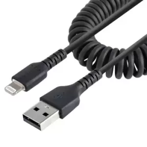 image of StarTech.com 1m (3ft) USB to Lightning Cable MFi Certified Coiled iPhone Charger Cable Black Durable TPE Jacket Aramid Fiber Heavy Duty Coil Lightning