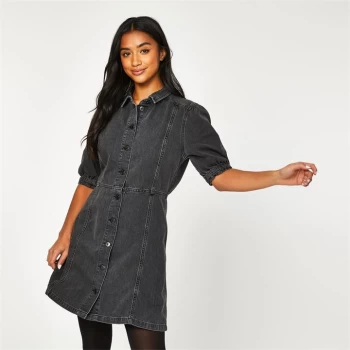 image of Jack Wills Meads Puff Sleeve Mini Denim Dress - Washed Black