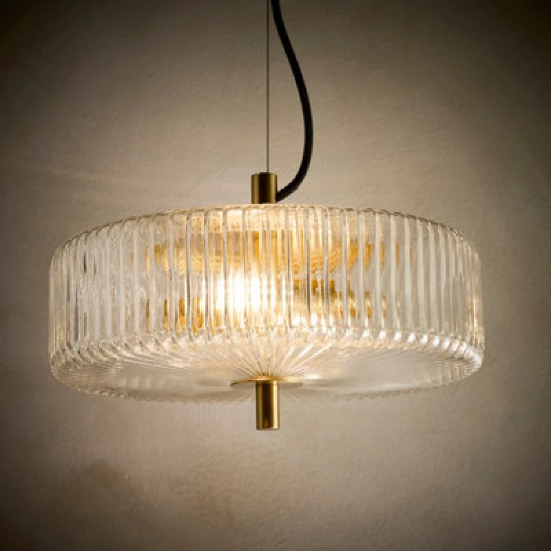 Image of K Living Ribbed Glass Brass Light Pendant 2 Light Bulb Style Semi-Opaque Glass Decorative Lighting Solution For Modern Homes