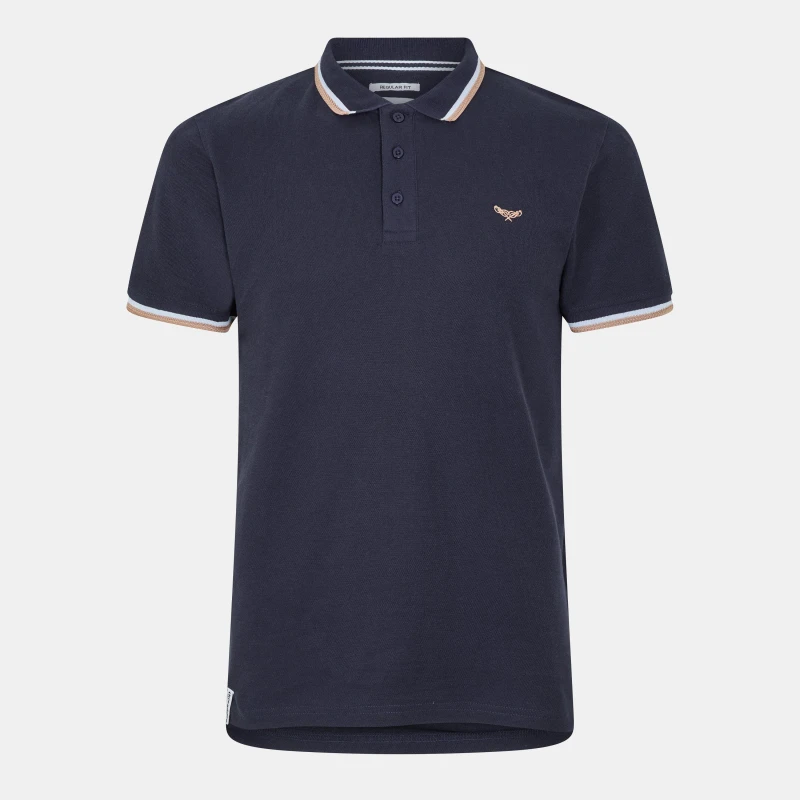 Image of Threadbare 'Dorry' Herringbone Tipping Cotton Pique Polo Shirt Navy