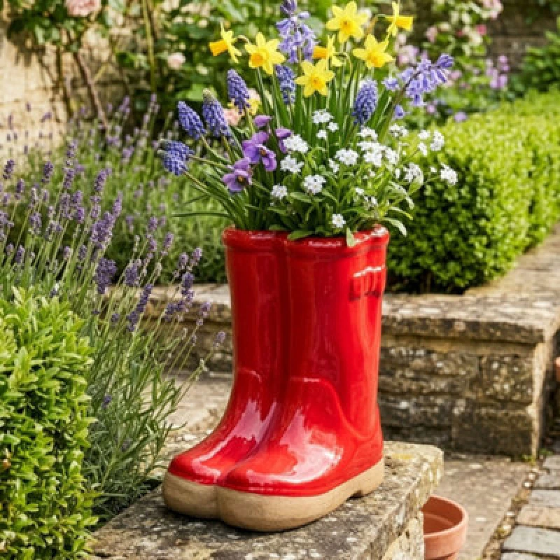 Image of Dibor Small Red Wellington Boot Ceramic Indoor Outdoor Flower Pot Garden Planter Pot (W) 15cm, (H) 17cm Red Unisex Small