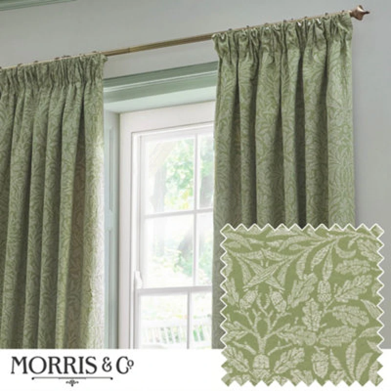 Image of Morris & Co Acorn Tonal Matt Jacquard Room Darkening Pencil Pleat Curtain Pair Sage (W)117Cm X (D)137Cm