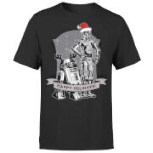 Image of Star Wars Christmas Happy Holidays Droids Black T-Shirt - L - Black