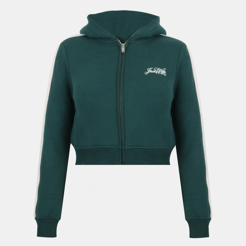 Image of Jack Wills Womens Script Cotton Long Sleeve Oversized Fit Zip Hoodie Green/White female 6 (2XS)