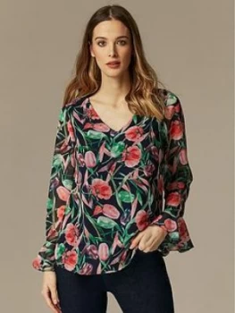 Image of Wallis Brushstroke Floral Ruffle Front Blouse - Black, Navy, Size 10, Women