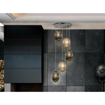 image of Schuller Ovila Modern Cluster Drop 5 Light LED Pendant Light, Oval Brandy & Smoke Grey Shades