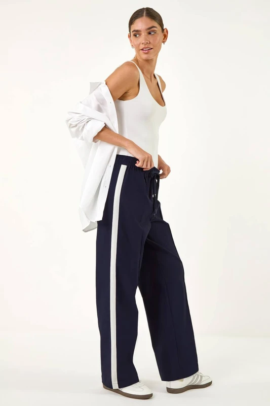 Image of Roman Womens Tie Waist Bengaline Side Stripe Trouser in Navy Size: 16 Navy Female 16