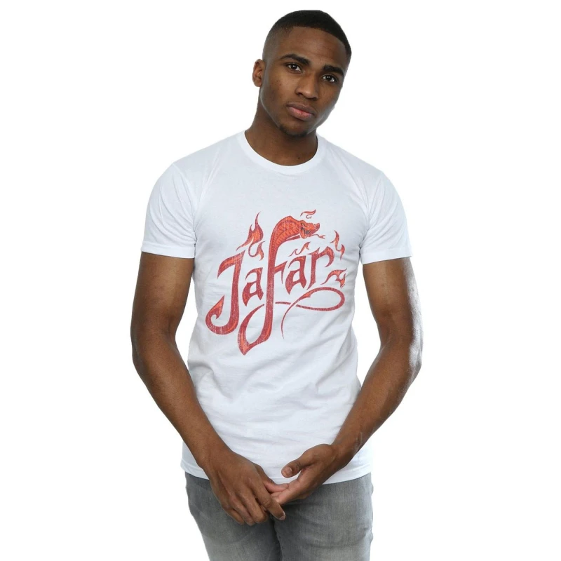Image of Disney Men Aladdin Movie Jafar Flames Logo T-Shirt in White Size: Small White S Male 5059276933708