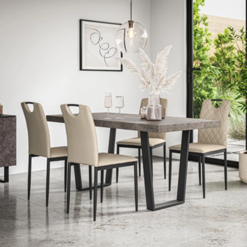 Image of More4Homes Aria Dining Table & Chairs - Concrete Effect Table Top w Black Legs + Monza Faux Leather Dining Chair Set Of 6 in Beige Beige Unisex