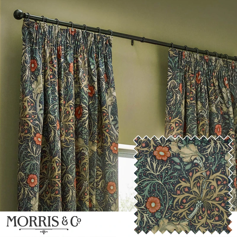 Image of Morris & Co Morris & Co Seaweed Printed Velvet Room Darkening Pencil Pleat Curtains in Indigo Size: 167cm width x 183cm drop Indigo 167cm width x 18
