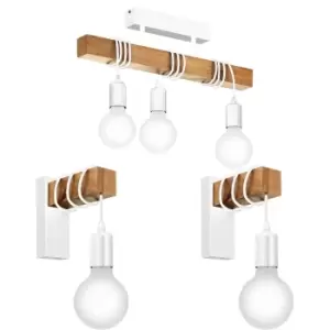 Image of Ceiling Spot Light & 2x Matching Wall Lights White & Wood Trendy Hanging Lamp