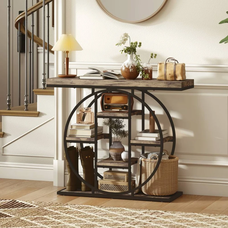 Image of HOMCOM Industrial Console Table, Hallway Table with Storage Shelves in Brown Size: 100cm Brown Unisex 100 cm