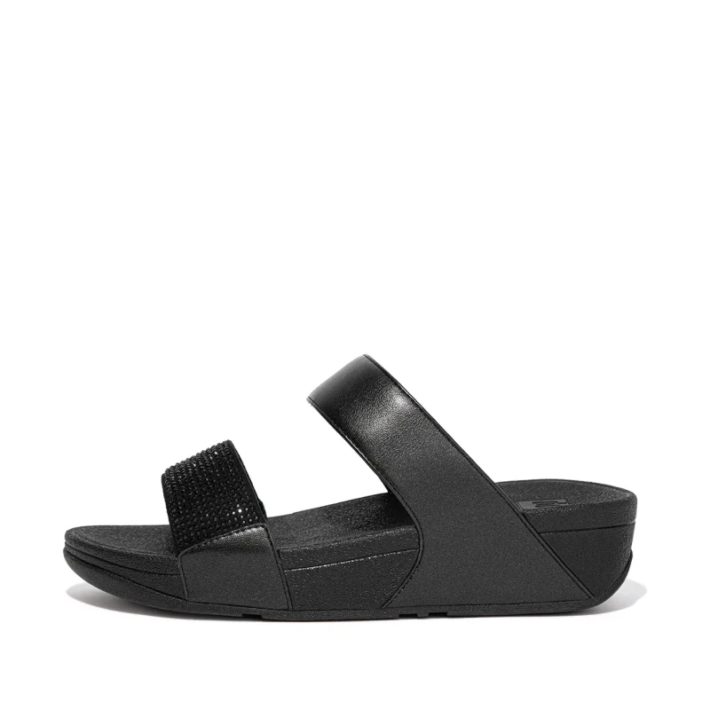 Image of FitFlop Lulu Crystal Embellished Slides Synthetic Leather Womens Slides Sandals - All Black - Size:UK 4