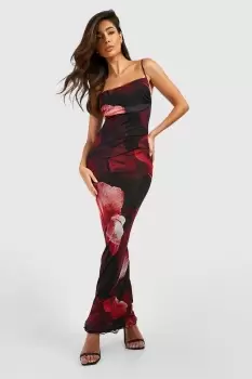 Image of Abstract Floral Print Mesh Maxi Slip Dress