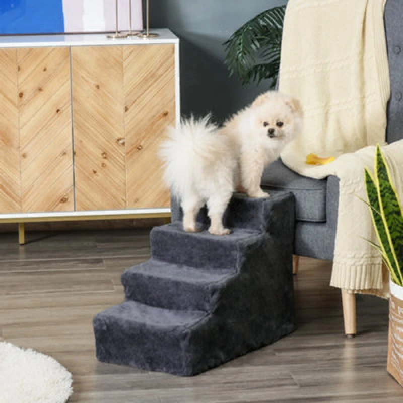 Image of PawHut Four-Step Portable Dog Stairs with Washable Plush Cover, Dark Grey D06-091V00CG