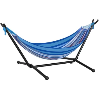 image of Outsunny - 277 x 121cm Hammock with Stand Camping Hammock with Portable Carrying Bag, Adjustable Height, 120kg Load Capacity, White Stripe