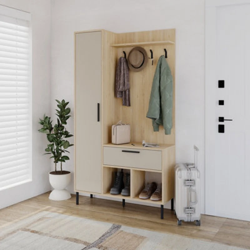Image of Decortie Hall Tree 35X108X195.3Cm With 4 Metal Hooks, 3 Pairs Of Shoes, Particleboard, Oak, Sandstone, Multi 8683628020449