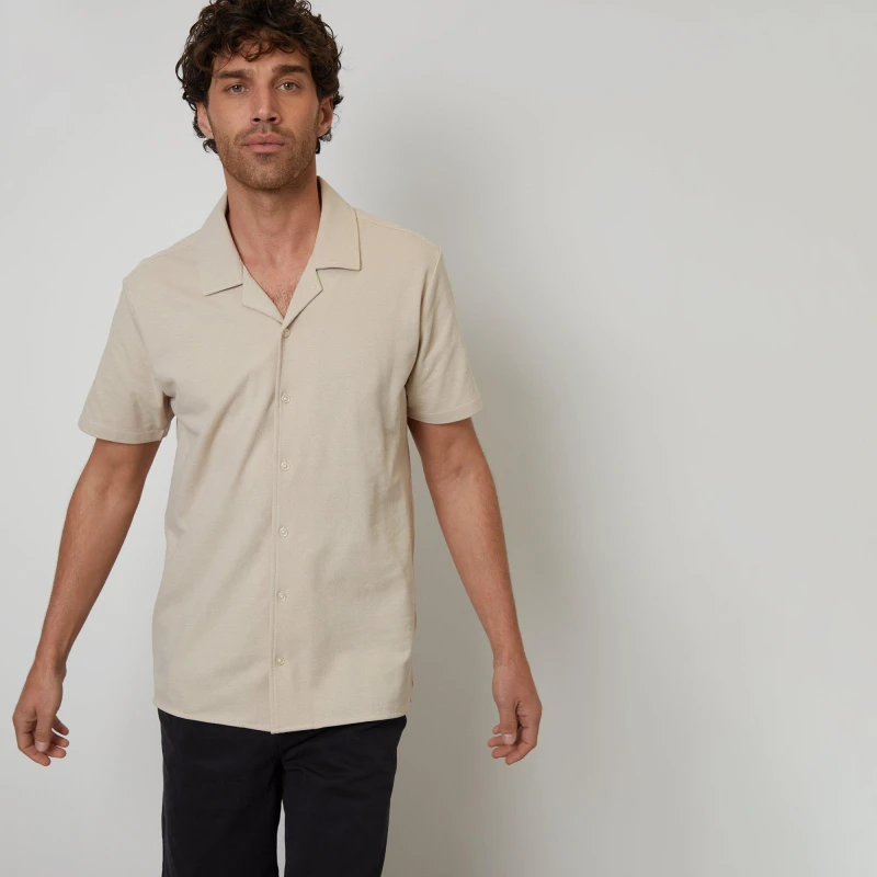 Image of Threadbare Cotton Pique Revere Collar Short Sleeve Shirt Stone male S