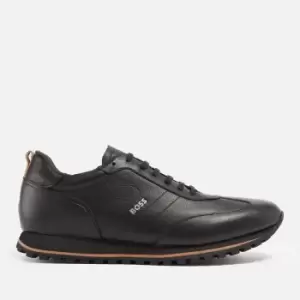 Image of BOSS Parkour Runn Logo-Detailed Leather Trainers - UK 10