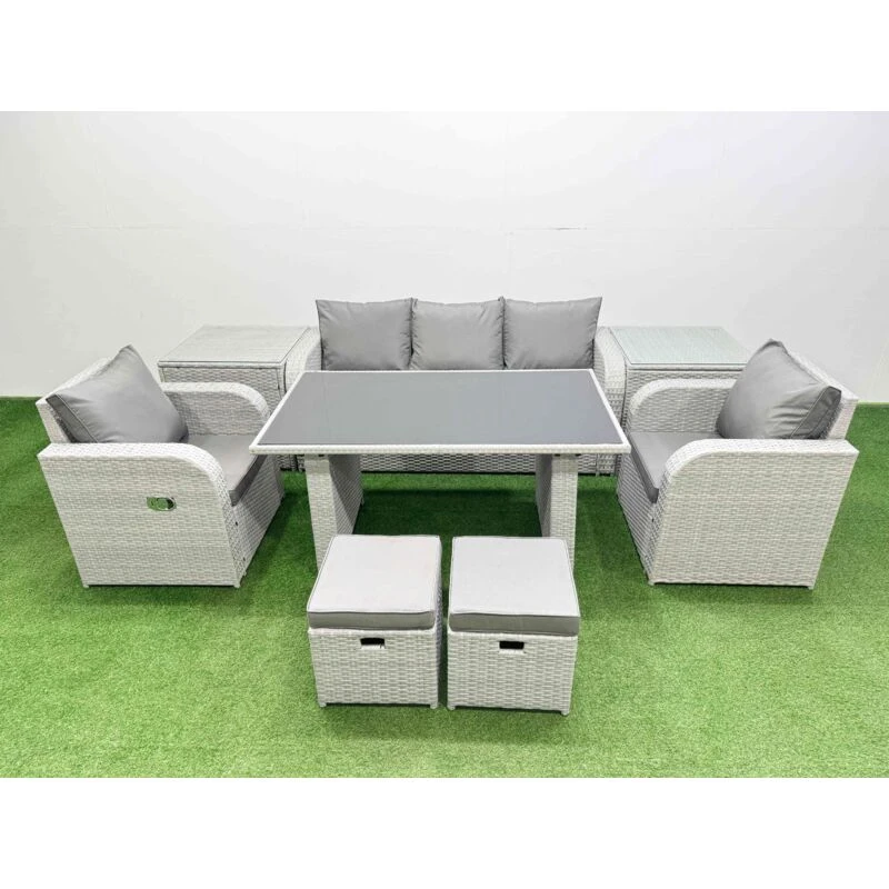 Image of Fimous Outdoor Rattan Garden Furniture Dining Set 7-seater with 2 Side Table in Light Grey Light Grey Unisex