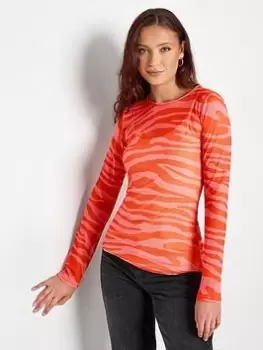 Image of Long Tall Sally Pink Red Zebra Mesh Long Sleeve Top, Pink, Size 12, Women