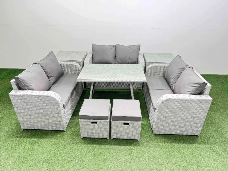 Image of Fimous 8-seater Patio Rectangular Table Love Sofa Set with 2 Side Tables in Light Grey Light Grey Unisex
