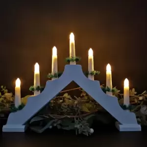 image of 29cm Snow White Christmas Candlebridge with 7 Bulbs in White Wood Battery Operated