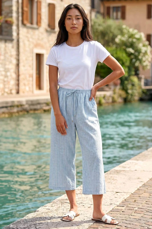 Image of Roman Womens Petite Stripe Cropped Wide Leg Trouser in Blue Size: 18 Blue Female 18