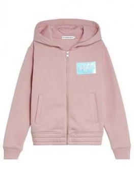 Image of Calvin Klein Jeans Girls Monogram Badge Zip Through Hoodie - Pink
