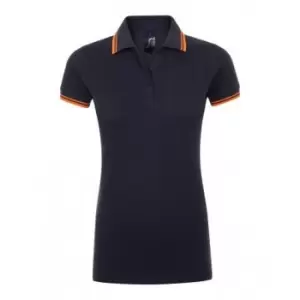 Image of SOLS Womens/Ladies Pasadena Tipped Short Sleeve Pique Polo Shirt (L) (French Navy/Neon Orange)