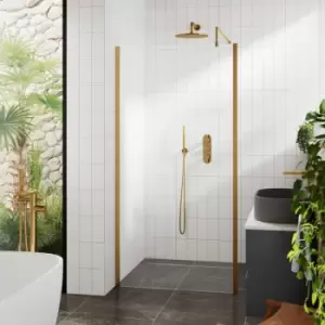 Image of Outer Framed Brushed Brass Wetroom Screen with Support Bar 1200mm w x 1950mm h - 8mm Glass - Hudson Reed