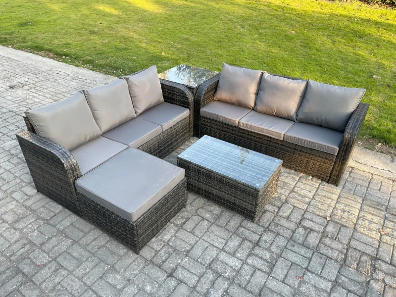 Image of Fimous Outdoor Garden Furniture Sets 7 Seater Wicker Rattan Furniture Sofa Sets with Rectangular Coffee Table 3 Seater Sofa Side Table Dark Grey