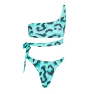 Image of Missguided Animal Print One Shoulder High Leg Boomerang Bikini Set - Green