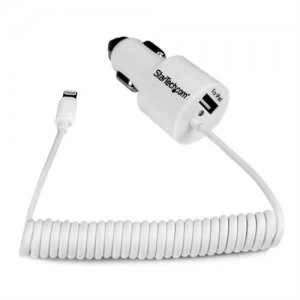 image of StarTech.com Dual-Port Car Charger - USB with Built-in Lightning Cable - White