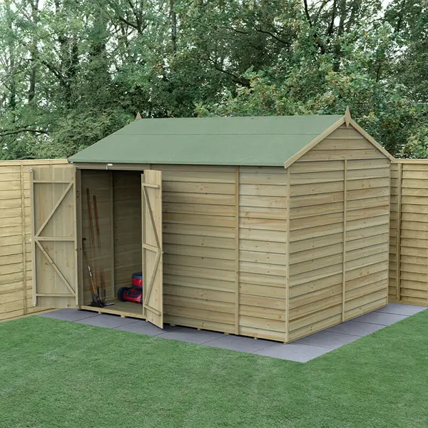 image of 10' x 8' Forest 4Life 25yr Guarantee Overlap Pressure Treated Windowless Double Door Reverse Apex Wooden Shed (3.01m x 2.61m)