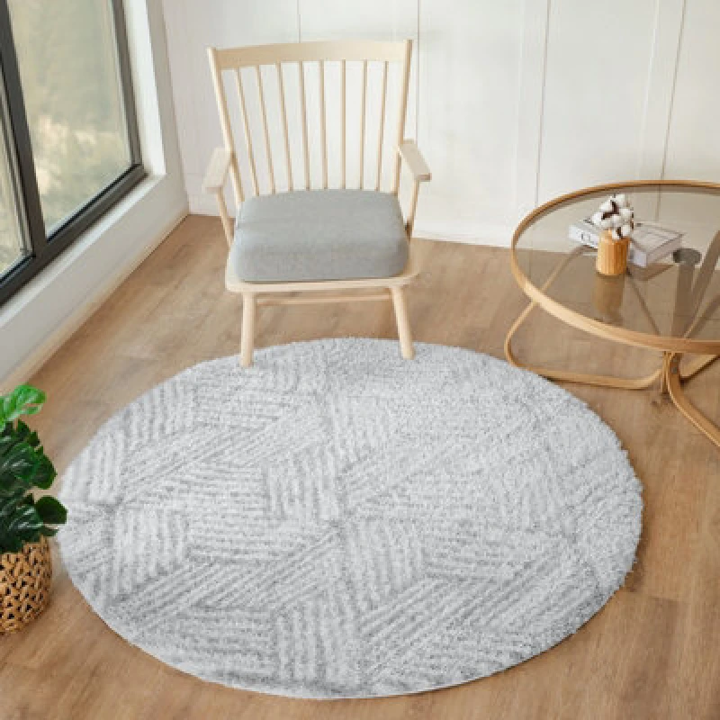 Image of Livabliss Round Shaggy Geometric Plush Pile Light Grey Allie Area Rug 120 X 120 Cm - Easy Care, Ideal For Living Room & Bedroom