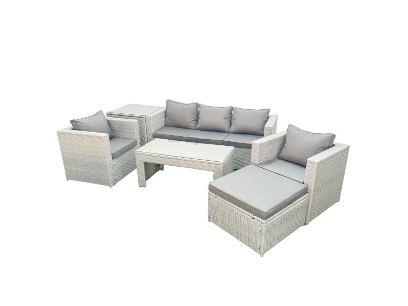 Image of Fimous Rattan Garden Furniture Set 6 Pieces Outdoor Garden Sofa Oblong Coffee Table Set with 2 Chairs Side Tabe Stool Light Grey Mixed Light Grey